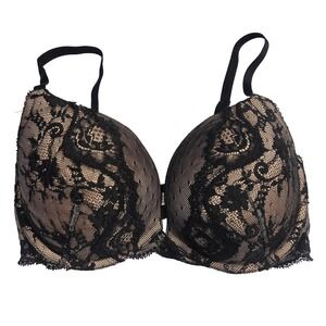 Victorias Secret Lace Plunge Bra 34DD Black Beige Sexy Everyday Comfort Intimate